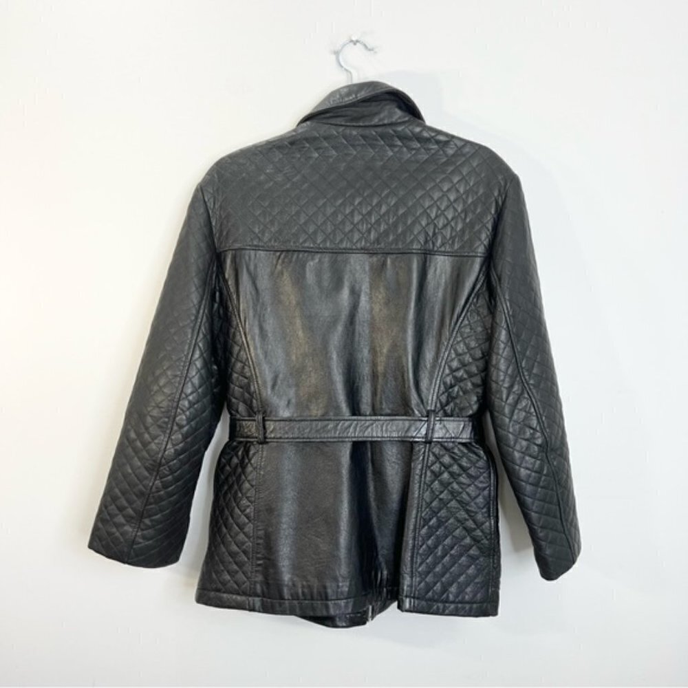 Black quilted leather 3/4 length belted jacket M - Picture 5 of 15
